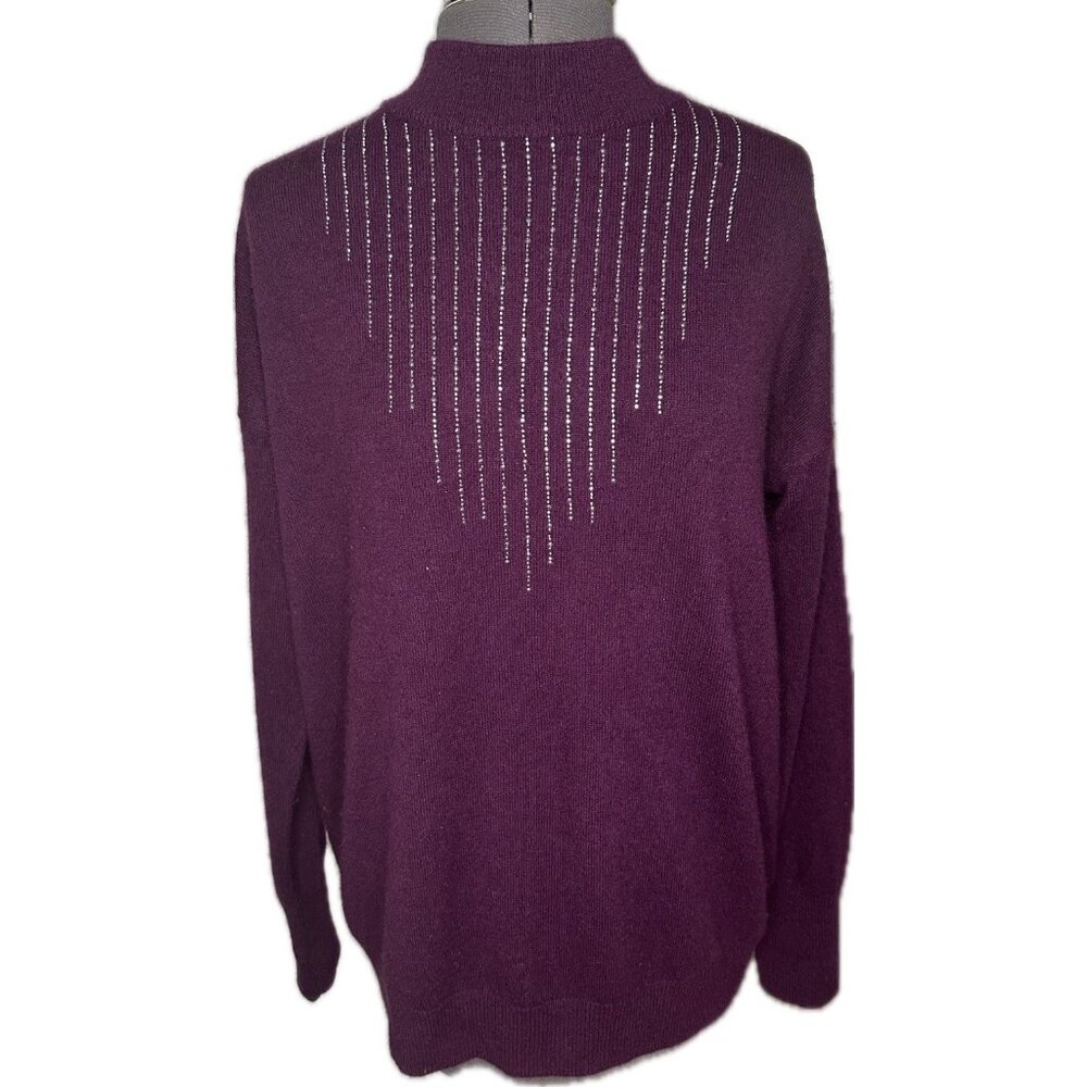Neiman Marcus 100% Cashmere Mock Neck Sweater Embellished Plum Rhinestone M